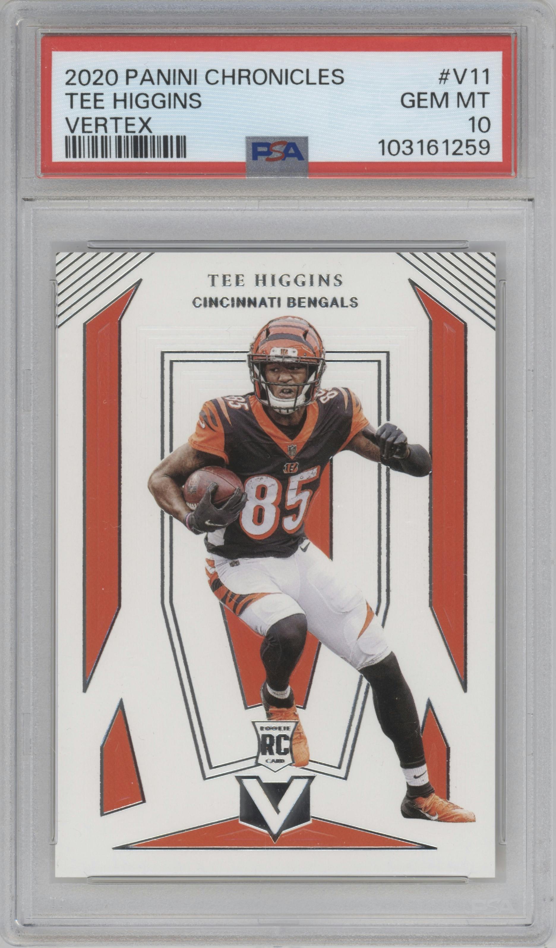 Tee Higgins from the 2020 Panini Chronicles set graded by PSA and given an overall grade of 10.