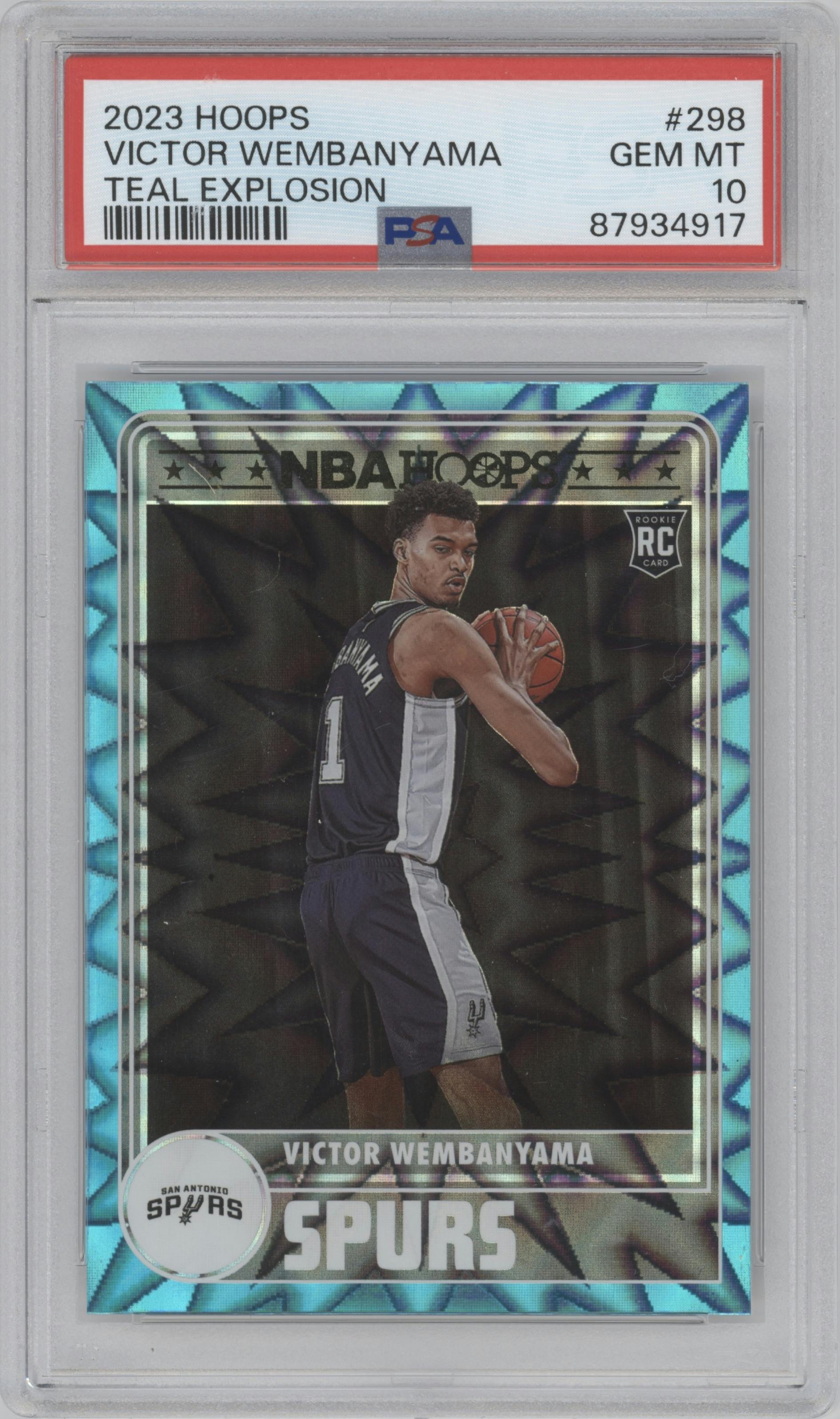 Victor Wembanyama from the 2023-24 Panini NBA Hoops set featuring a Teal Explosion parallel graded by PSA and given an overall grade of 10.