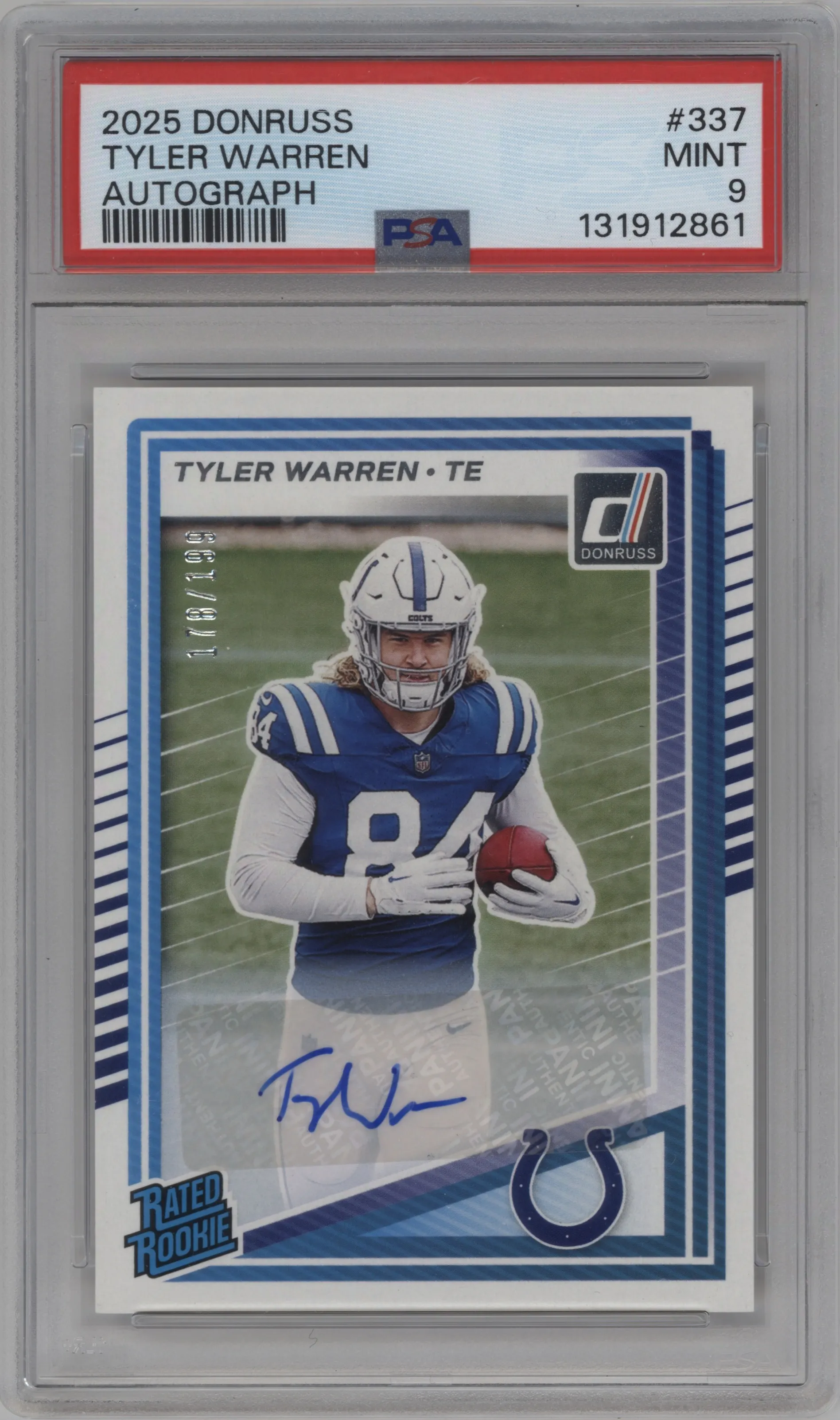 2025 Panini Donruss Rtd.Rke.Auto Tyler Warren #337 PSA 9