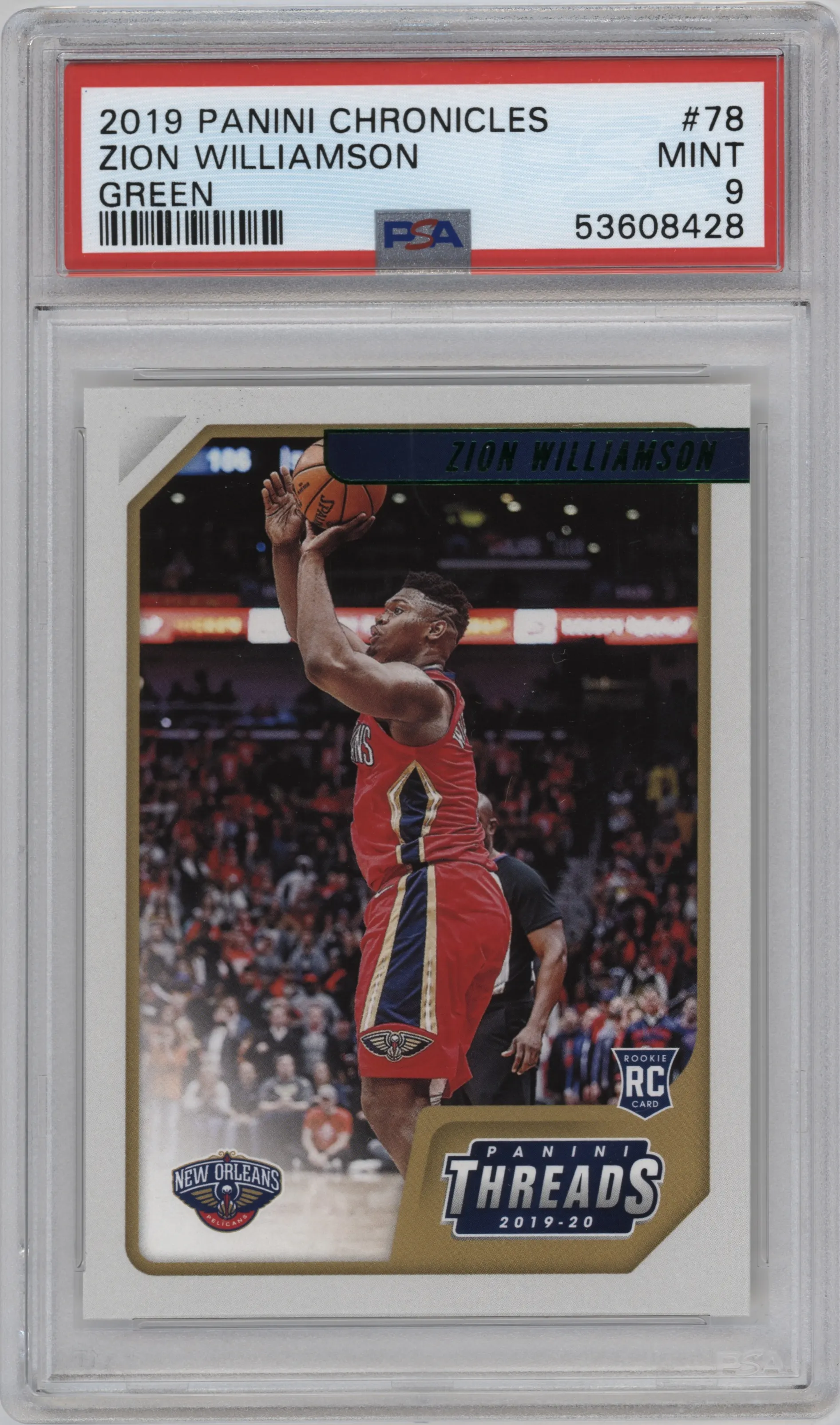 2019 Panini Chronicles Threads Zion Williamson Green PSA 9