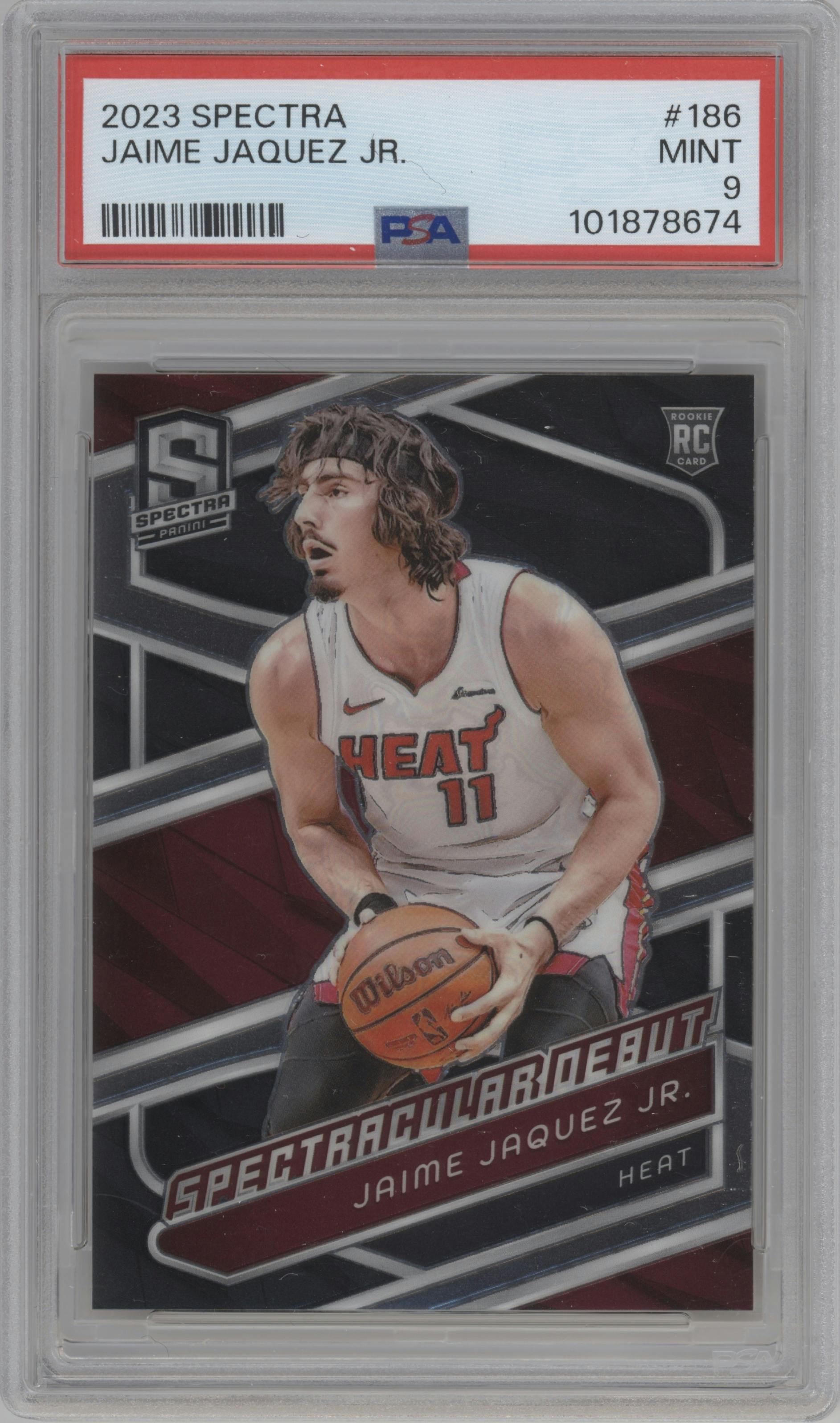Jaime Jaquez Jr. from the 2023-24 Panini Spectra set graded by PSA and given an overall grade of 9.