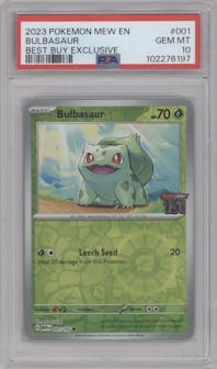 Bulbasaur from the 2023 Pokemon SV set featuring a Best Buy Exclusive parallel graded by PSA and given an overall grade of 10.