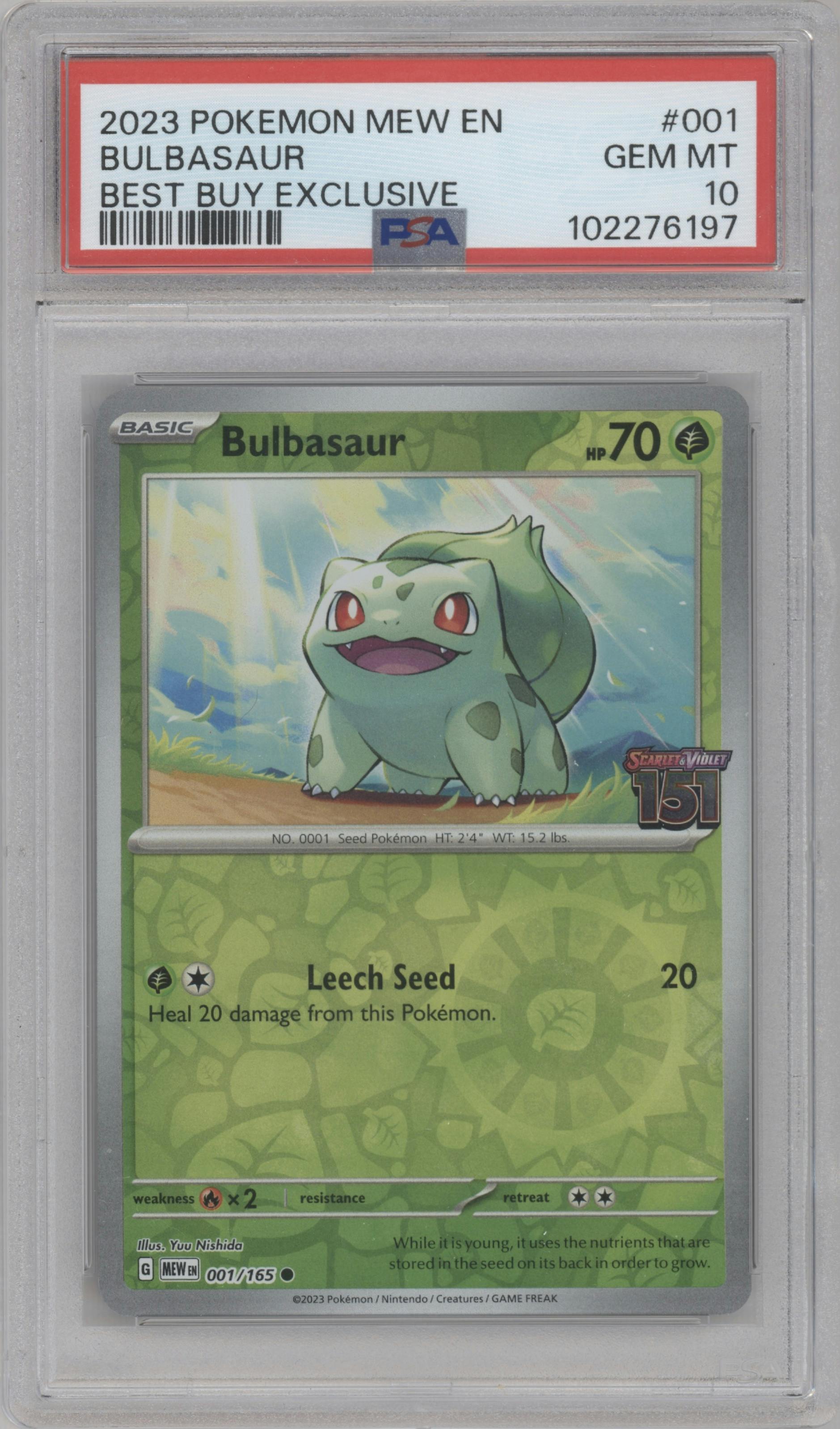 Bulbasaur from the 2023 Pokemon SV set featuring a Best Buy Exclusive parallel graded by PSA and given an overall grade of 10.
