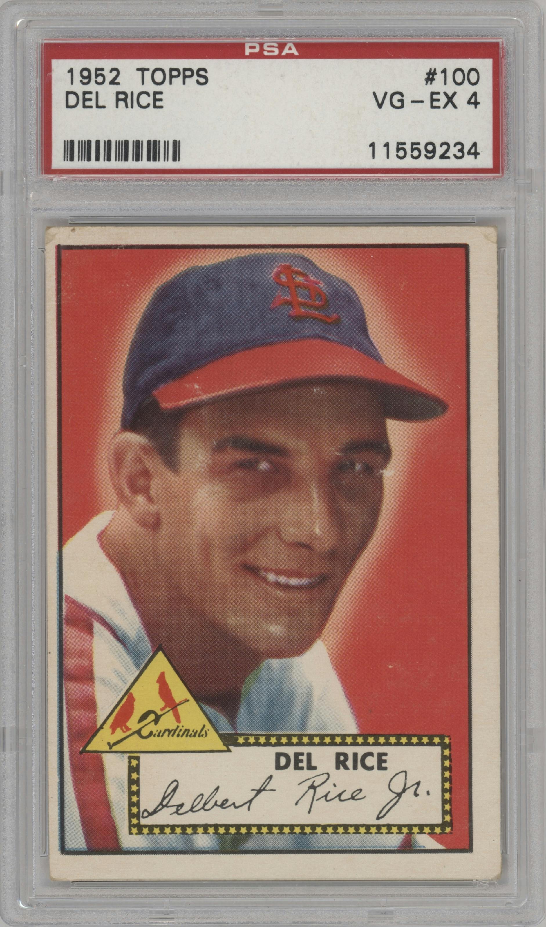 Del Rice from the 1952 Topps set graded by PSA and given an overall grade of 4.