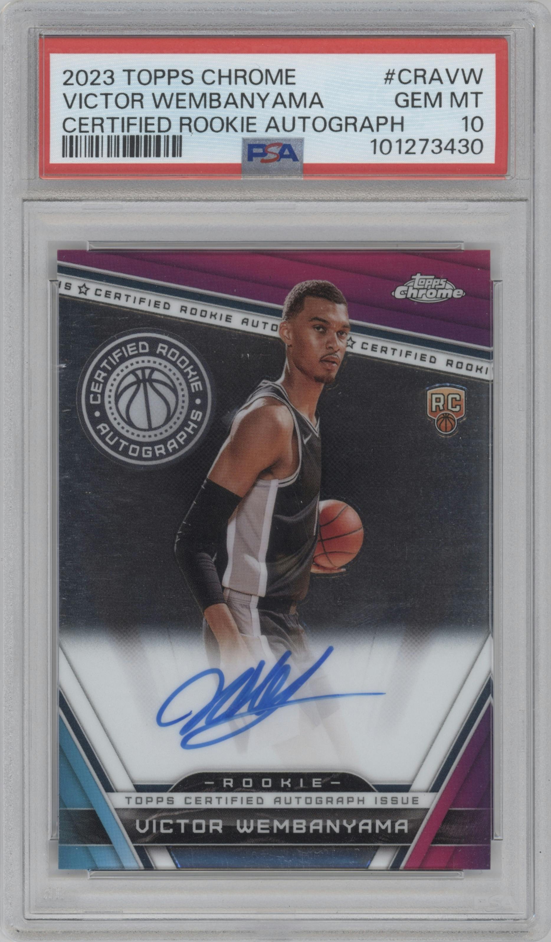 Victor Wembanyama from the 2023-24 Topps Chrome set graded by PSA and given an overall grade of 10.