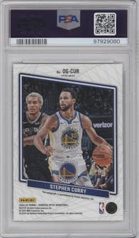 Stephen Curry from the 2023-24 Donruss Optic set featuring a Choice parallel graded by PSA and given an overall grade of 10.