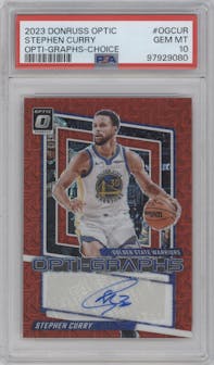 Stephen Curry from the 2023-24 Donruss Optic set featuring a Choice parallel graded by PSA and given an overall grade of 10.