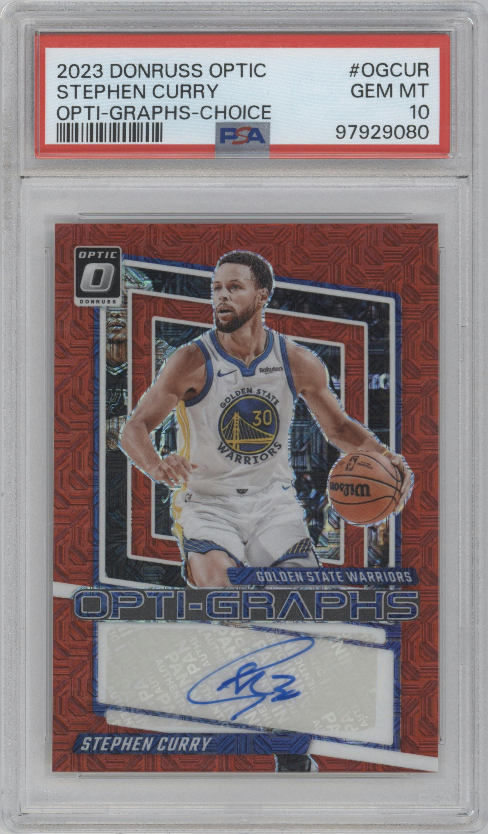 Stephen Curry from the 2023-24 Donruss Optic set featuring a Choice parallel graded by PSA and given an overall grade of 10.