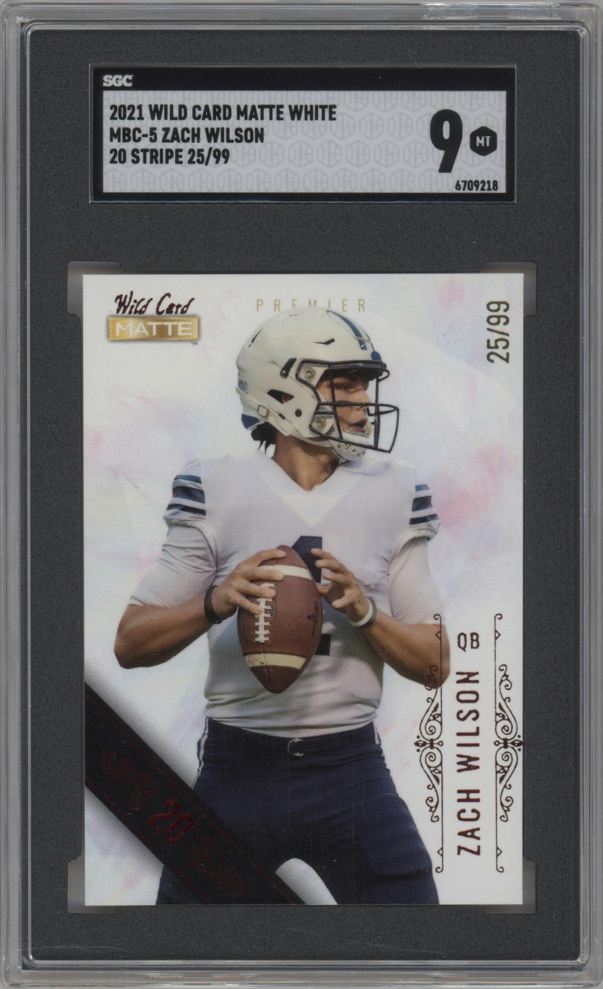 Zach Wilson from the 2021 Wild Card Matte White set featuring a 20 Stripe parallel graded by SGC and given an overall grade of 9.