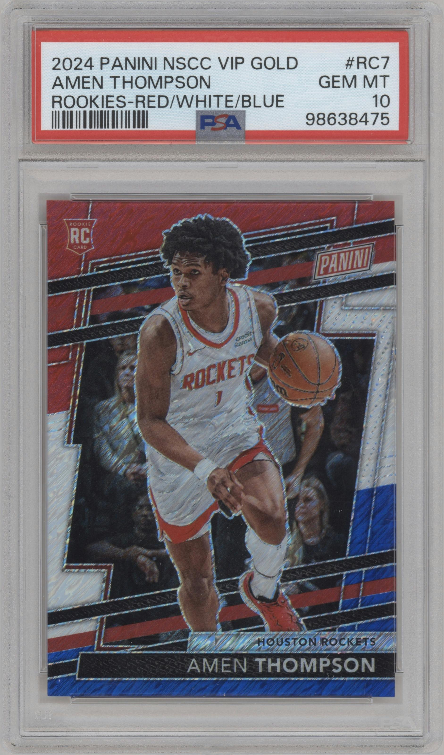 Amen Thompson from the 2024 Panini The National VIP set featuring a Red/White/Blue Prizm parallel graded by PSA and given an overall grade of 10.