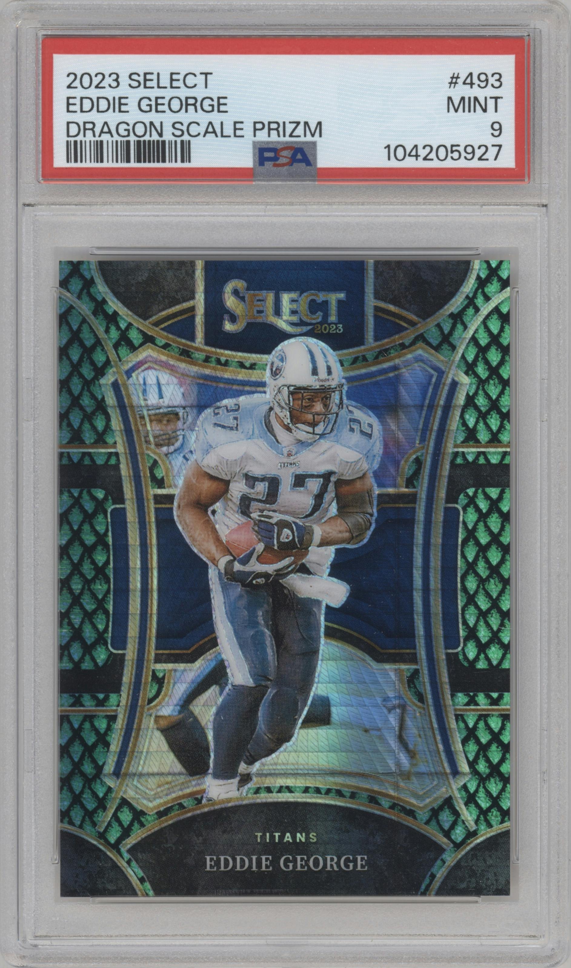 Eddie George from the 2023 Panini Select set featuring a Dragon Scale parallel graded by PSA and given an overall grade of 9.