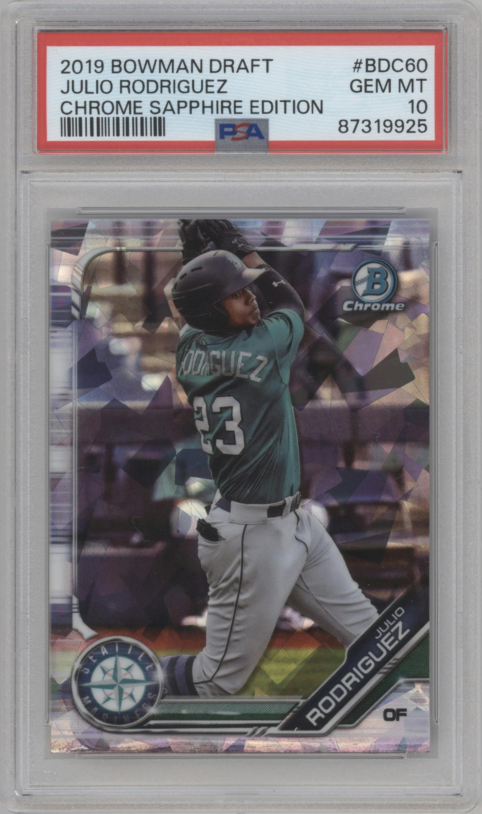 Julio Rodriguez from the 2019 Bowman Draft Sapphire Edition set graded by PSA and given an overall grade of 10.