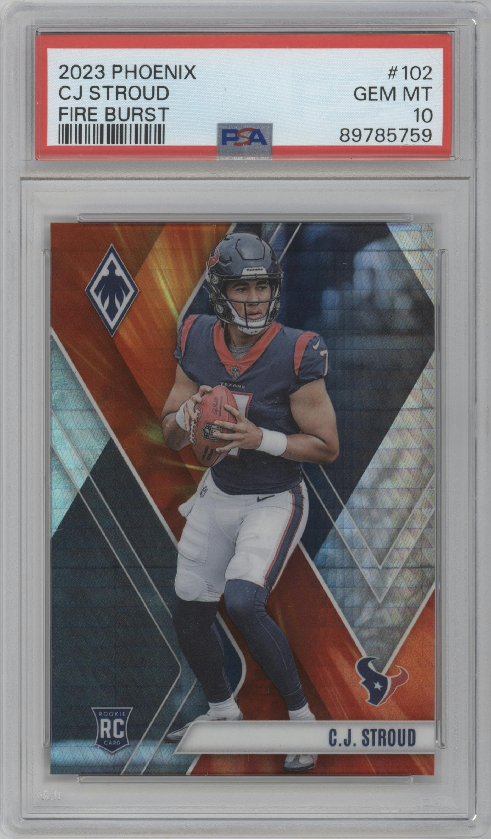 C.J. Stroud from the 2023 Panini Phoenix set featuring a Fire Burst parallel graded by PSA and given an overall grade of 10.