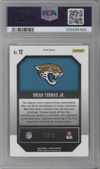 Brian Thomas Jr. from the 2024 Panini Prizm set featuring a Gold Prizm parallel graded by PSA and given an overall grade of 9.