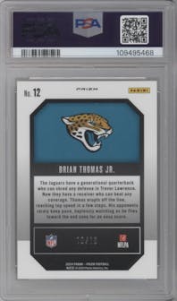 Brian Thomas Jr. from the 2024 Panini Prizm set featuring a Gold Prizm parallel graded by PSA and given an overall grade of 9.