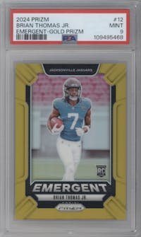 Brian Thomas Jr. from the 2024 Panini Prizm set featuring a Gold Prizm parallel graded by PSA and given an overall grade of 9.