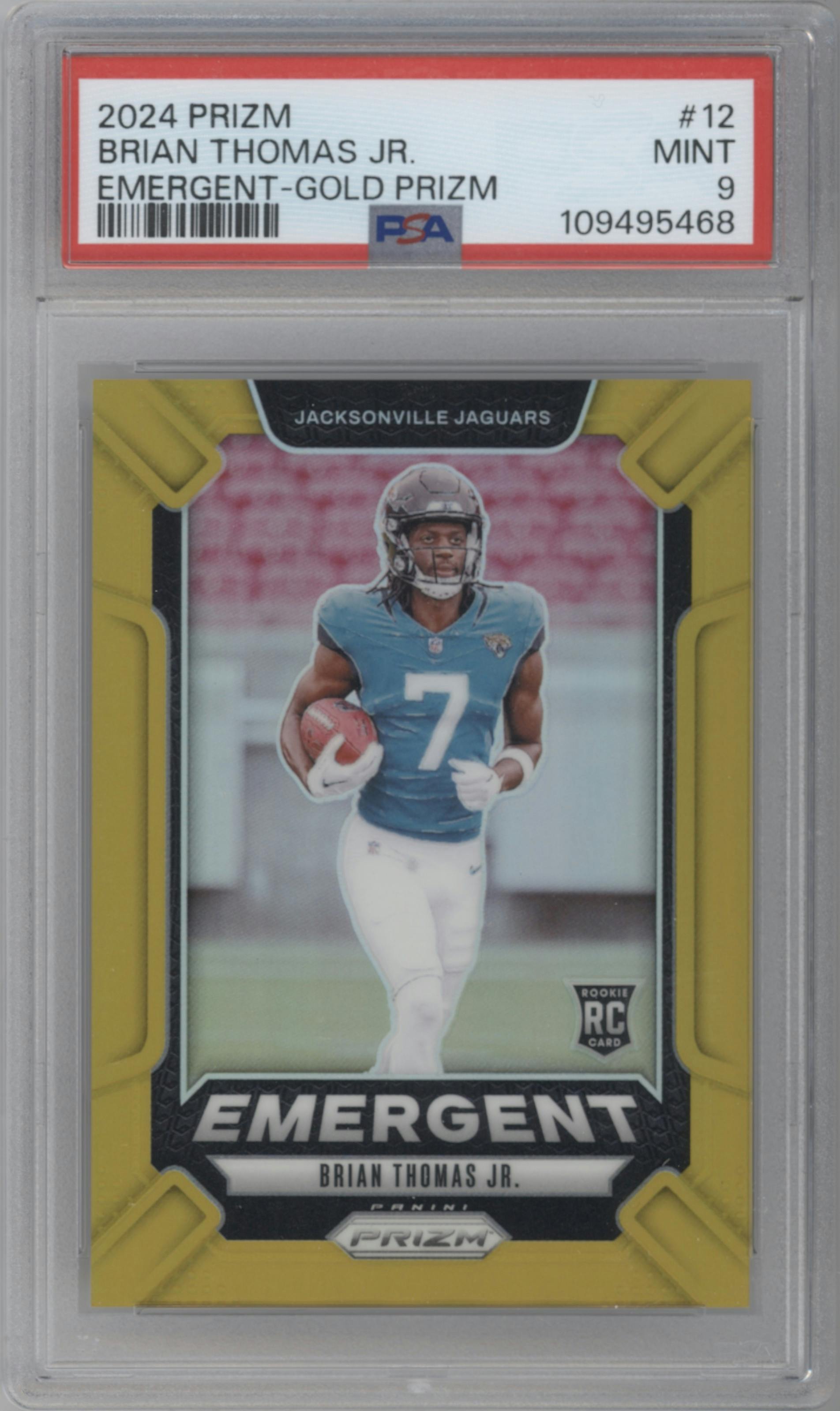 Brian Thomas Jr. from the 2024 Panini Prizm set featuring a Gold Prizm parallel graded by PSA and given an overall grade of 9.