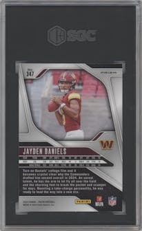 Jayden Daniels from the 2024 Panini Prizm set featuring a Red/White/Blue Prizm parallel graded by SGC and given an overall grade of 9.