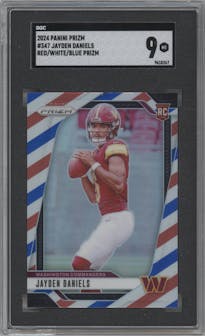 Jayden Daniels from the 2024 Panini Prizm set featuring a Red/White/Blue Prizm parallel graded by SGC and given an overall grade of 9.