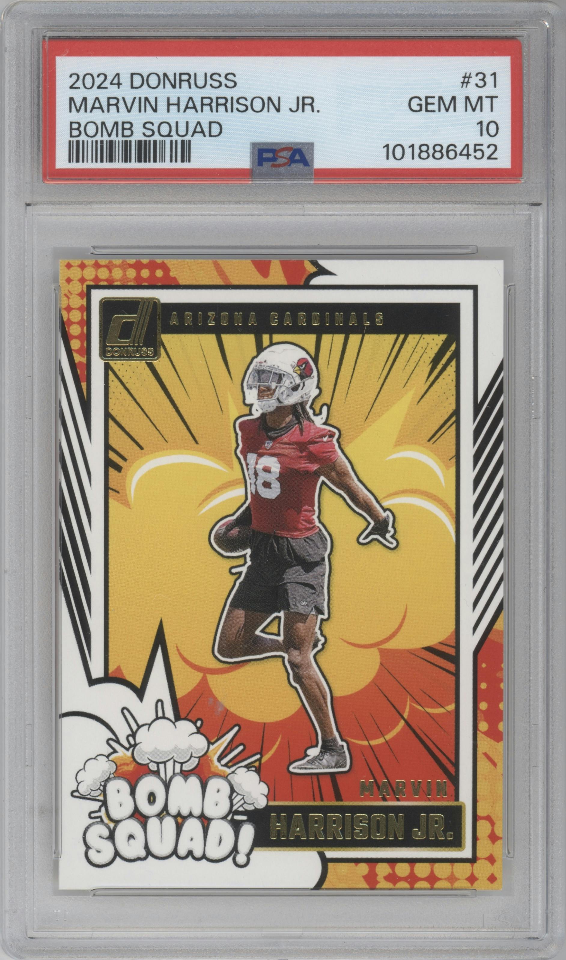 Marvin Harrison Jr. from the 2024 Donruss set graded by PSA and given an overall grade of 10.