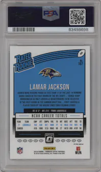 Lamar Jackson from the 2018 Panini Donruss Optic set featuring a Holo parallel graded by PSA and given an overall grade of 10.