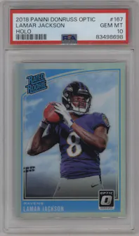 Lamar Jackson from the 2018 Panini Donruss Optic set featuring a Holo parallel graded by PSA and given an overall grade of 10.