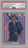 Stephen Curry from the 2019-20 Panini Mosaic  set featuring a Purple Mosaic parallel graded by PSA and given an overall grade of 10.