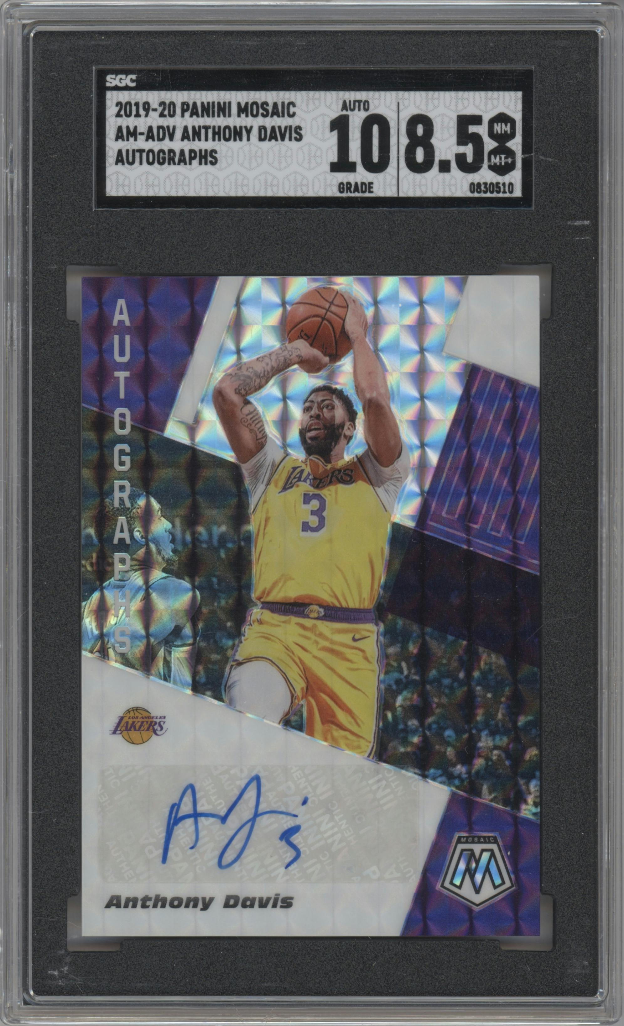 Anthony Davis from the 2019-20 Panini Mosaic  set graded by SGC and given an overall grade of 8.5.