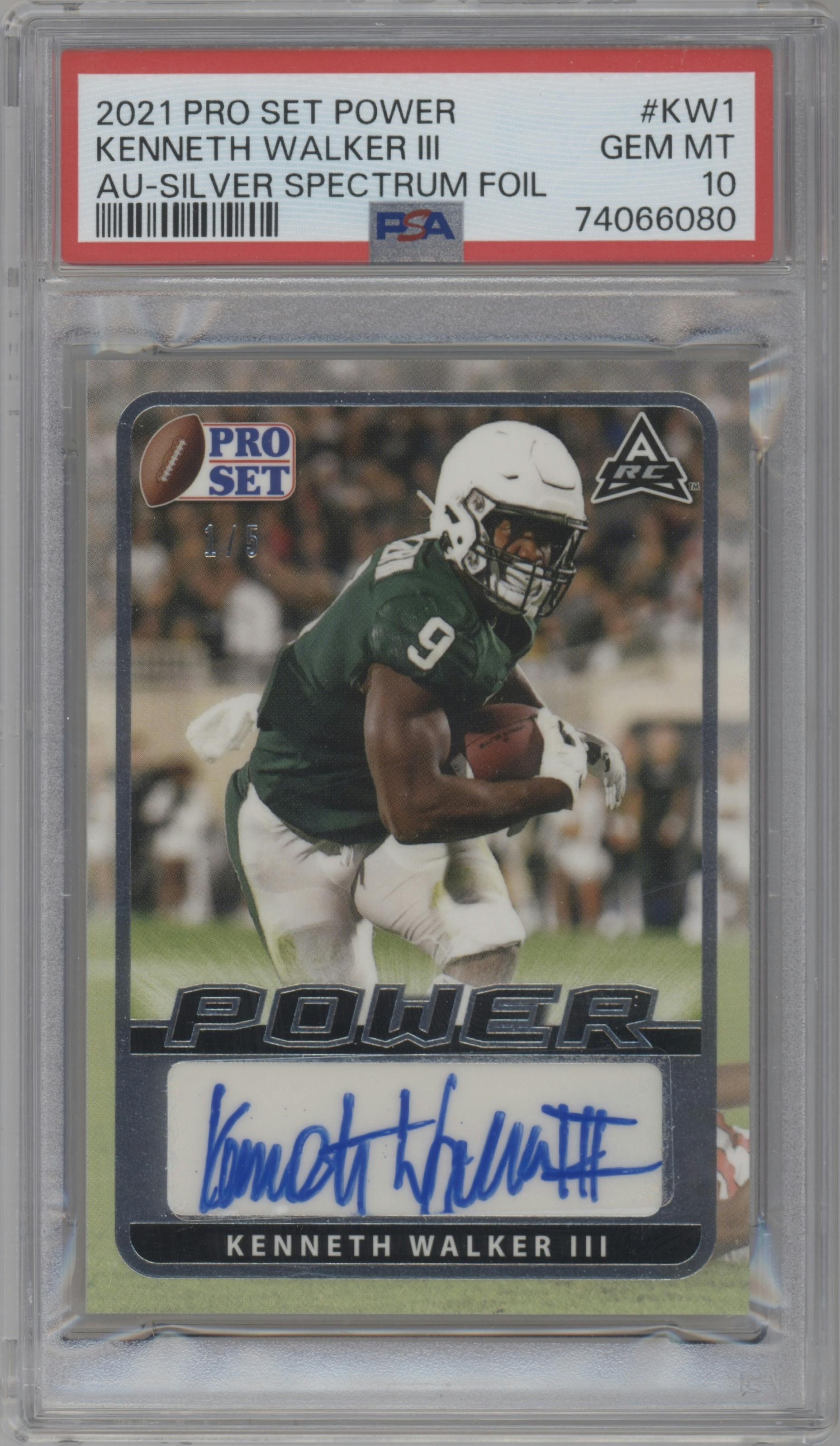 Kenneth Walker III from the 2021 Leaf Pro Set Power set featuring a Spectrum Foil Silver parallel graded by PSA and given an overall grade of 10.