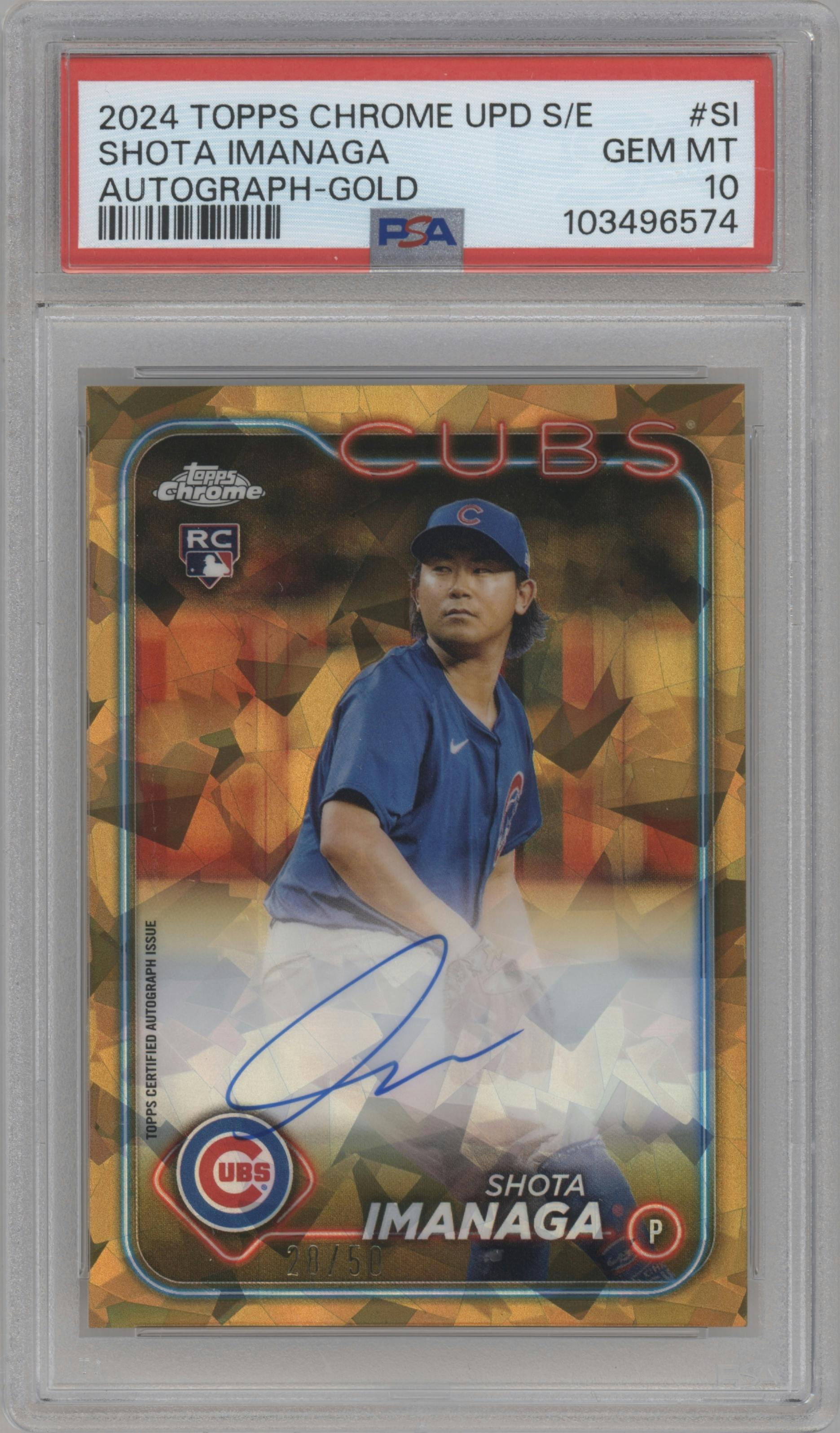 Shota Imanaga from the 2024 Topps Chrome Update Sapphire Edition set featuring a Gold Refractor parallel graded by PSA and given an overall grade of 10.