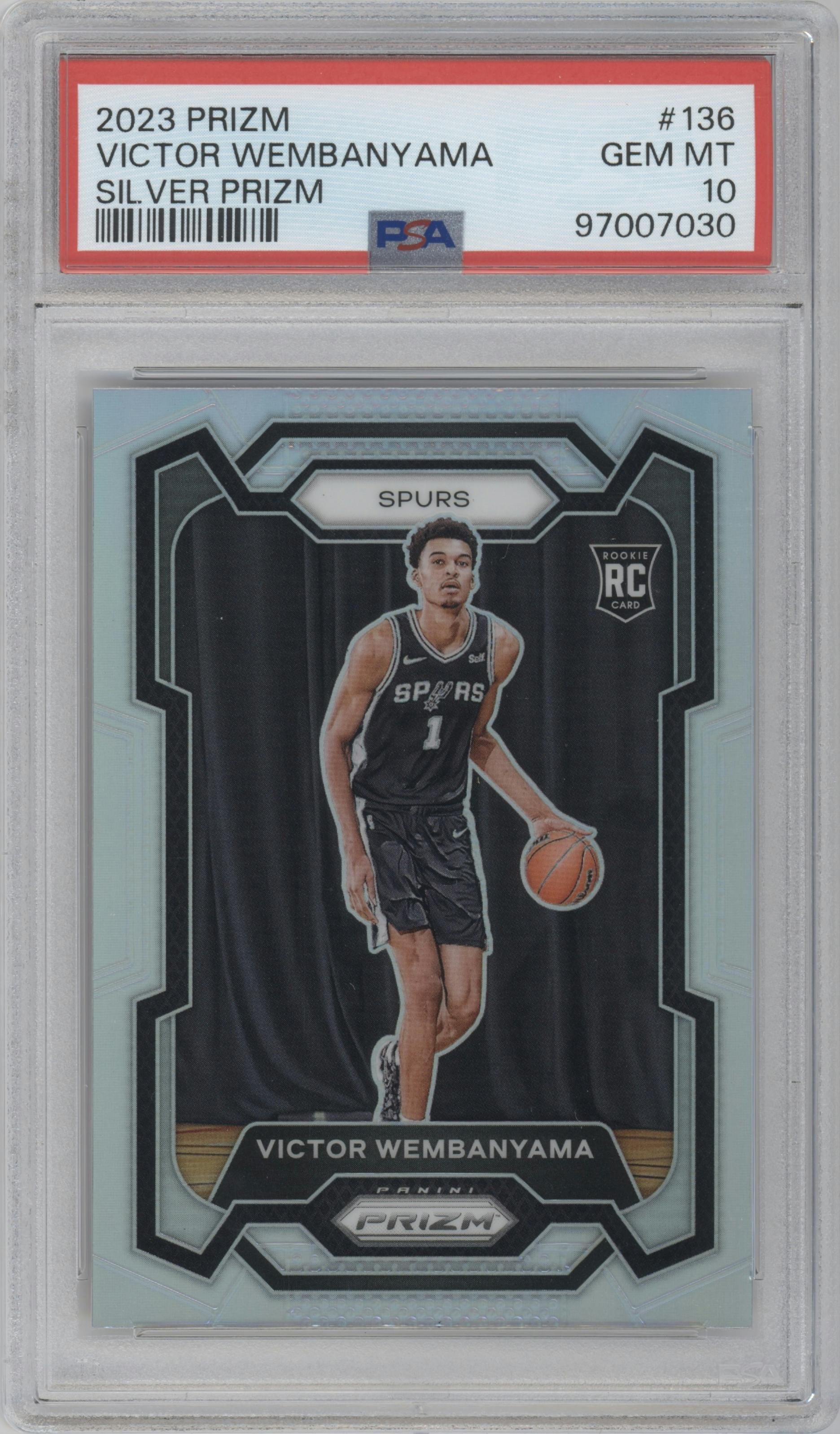 Victor Wembanyama from the 2023-24 Panini Prizm set featuring a Silver Prizm  parallel graded by PSA and given an overall grade of 10.