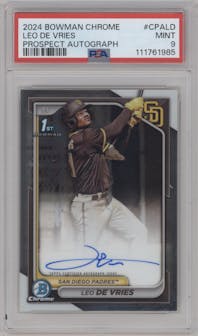 Leo De Vries from the 2024 Bowman Chrome set graded by PSA and given an overall grade of 9.