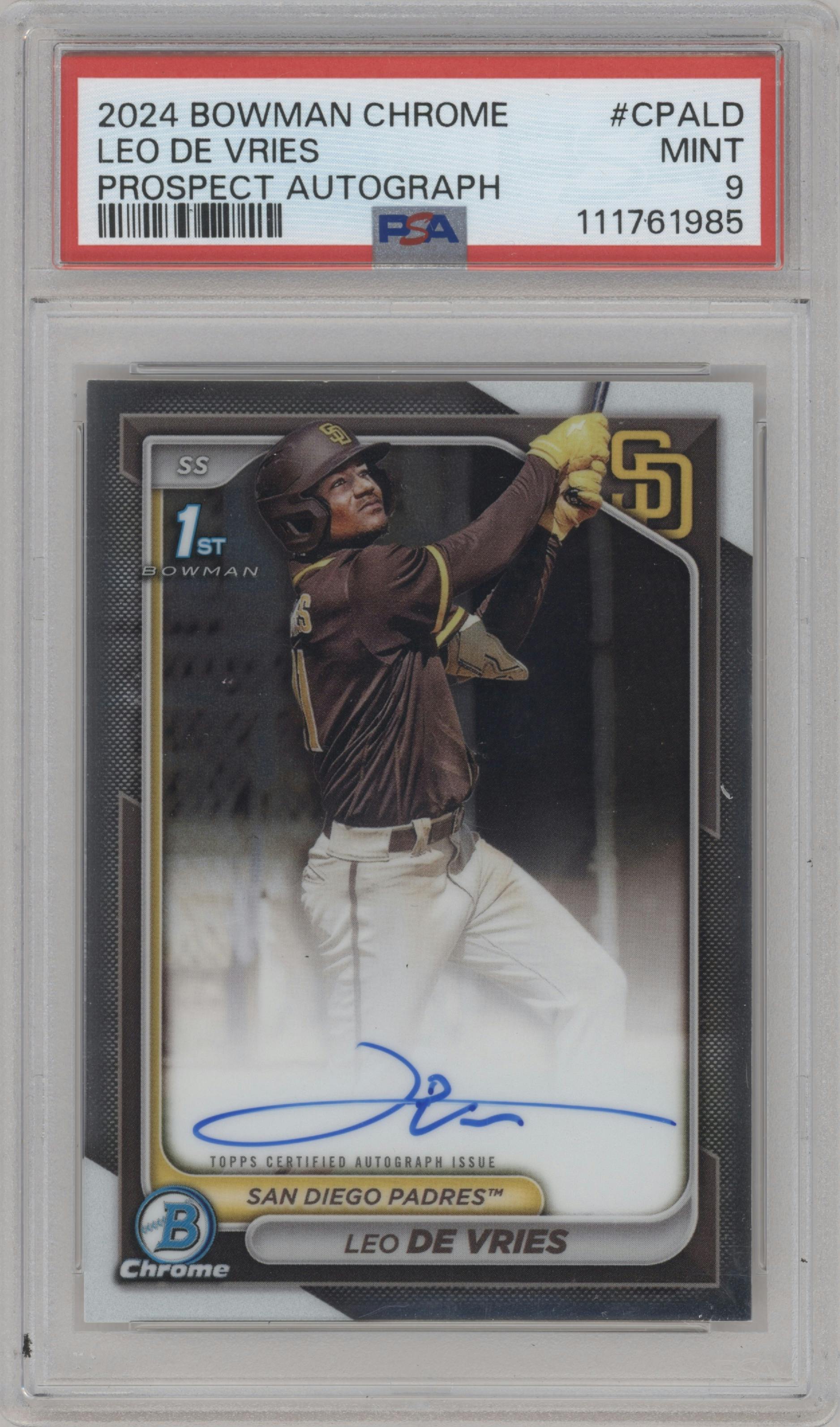 Leo De Vries from the 2024 Bowman Chrome set graded by PSA and given an overall grade of 9.