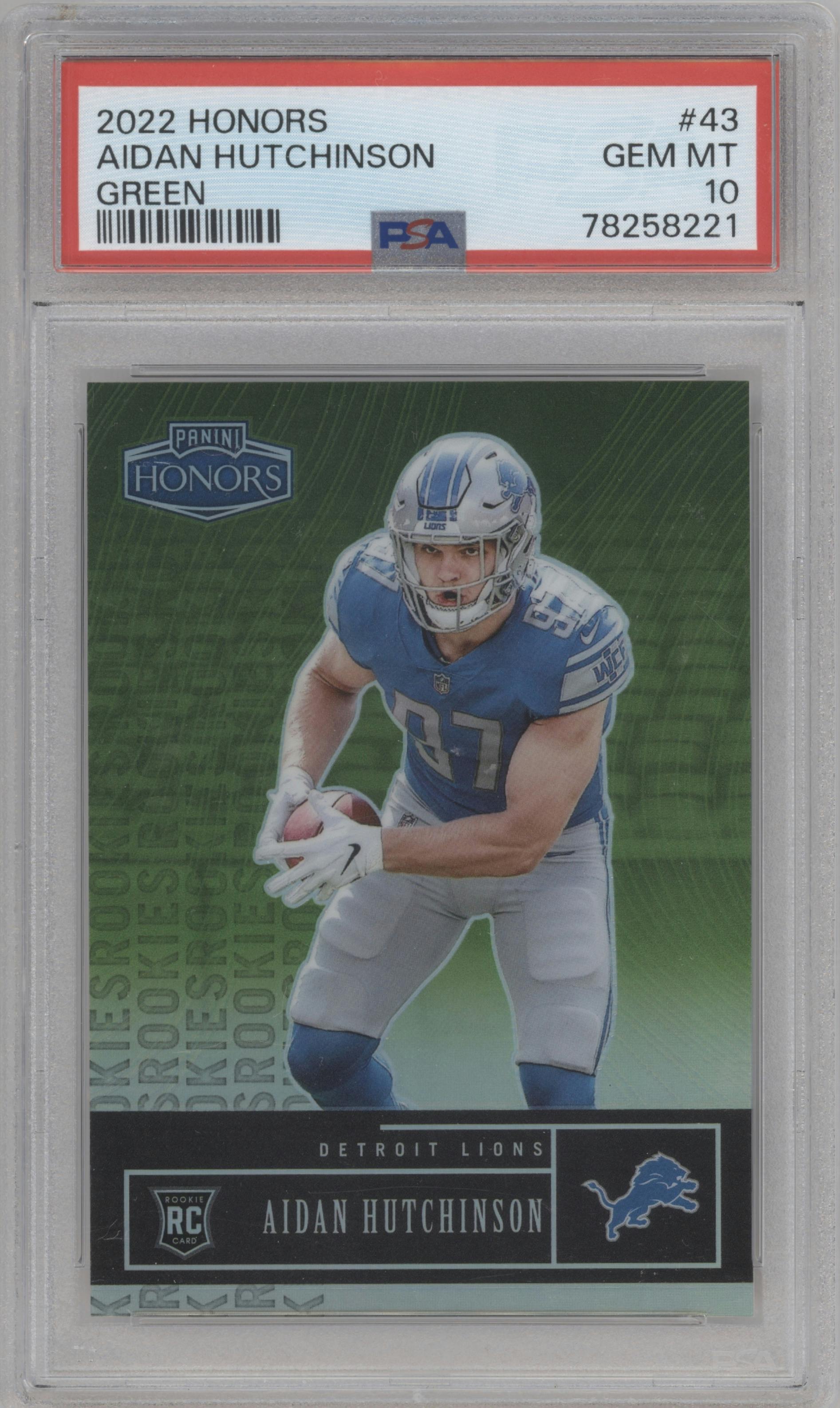 Aidan Hutchinson from the 2022 Panini Honors set featuring a Green parallel graded by PSA and given an overall grade of 10.