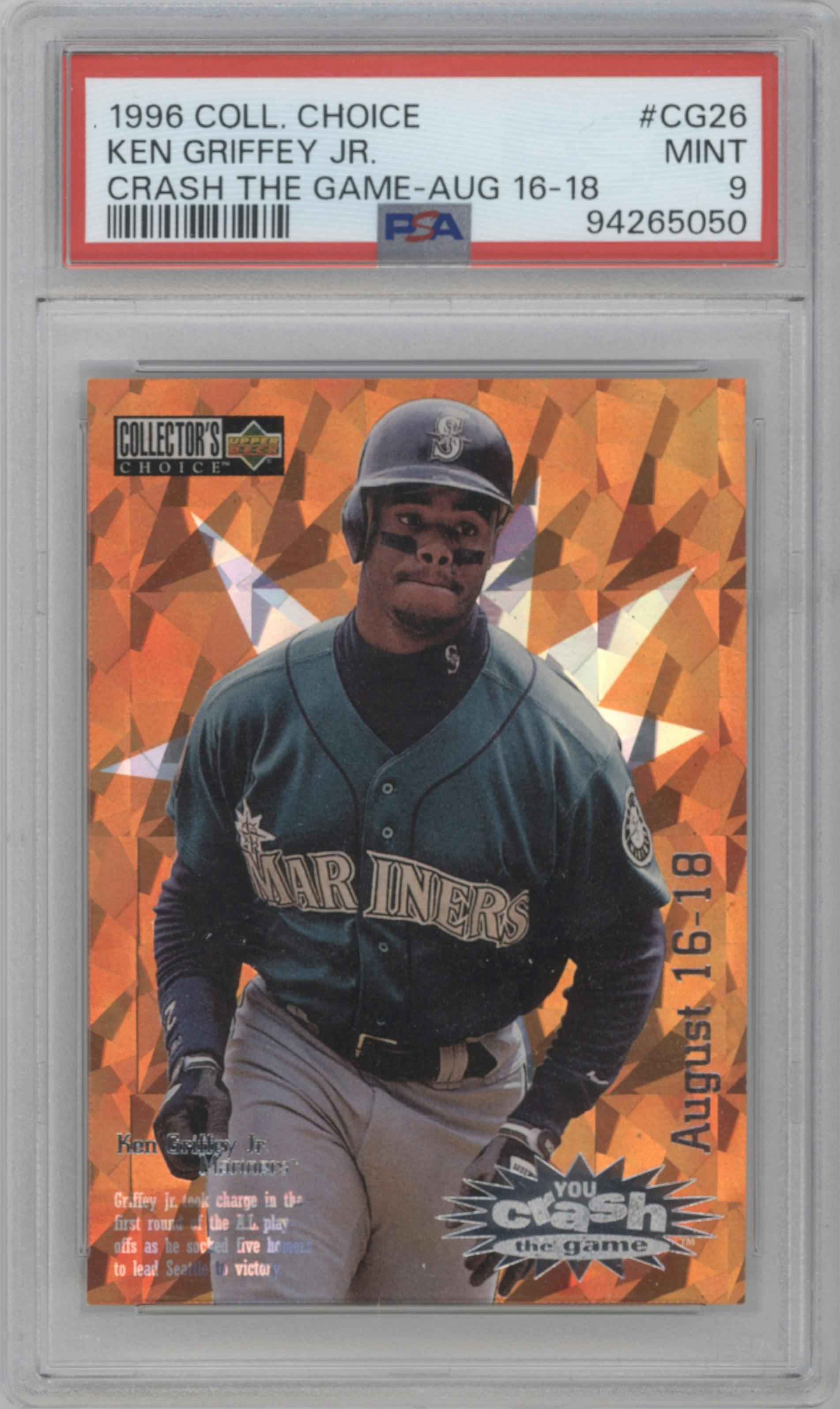 Ken Griffey Jr. from the 1996 UD Collector's Choice set featuring a Variation parallel graded by PSA and given an overall grade of 9.