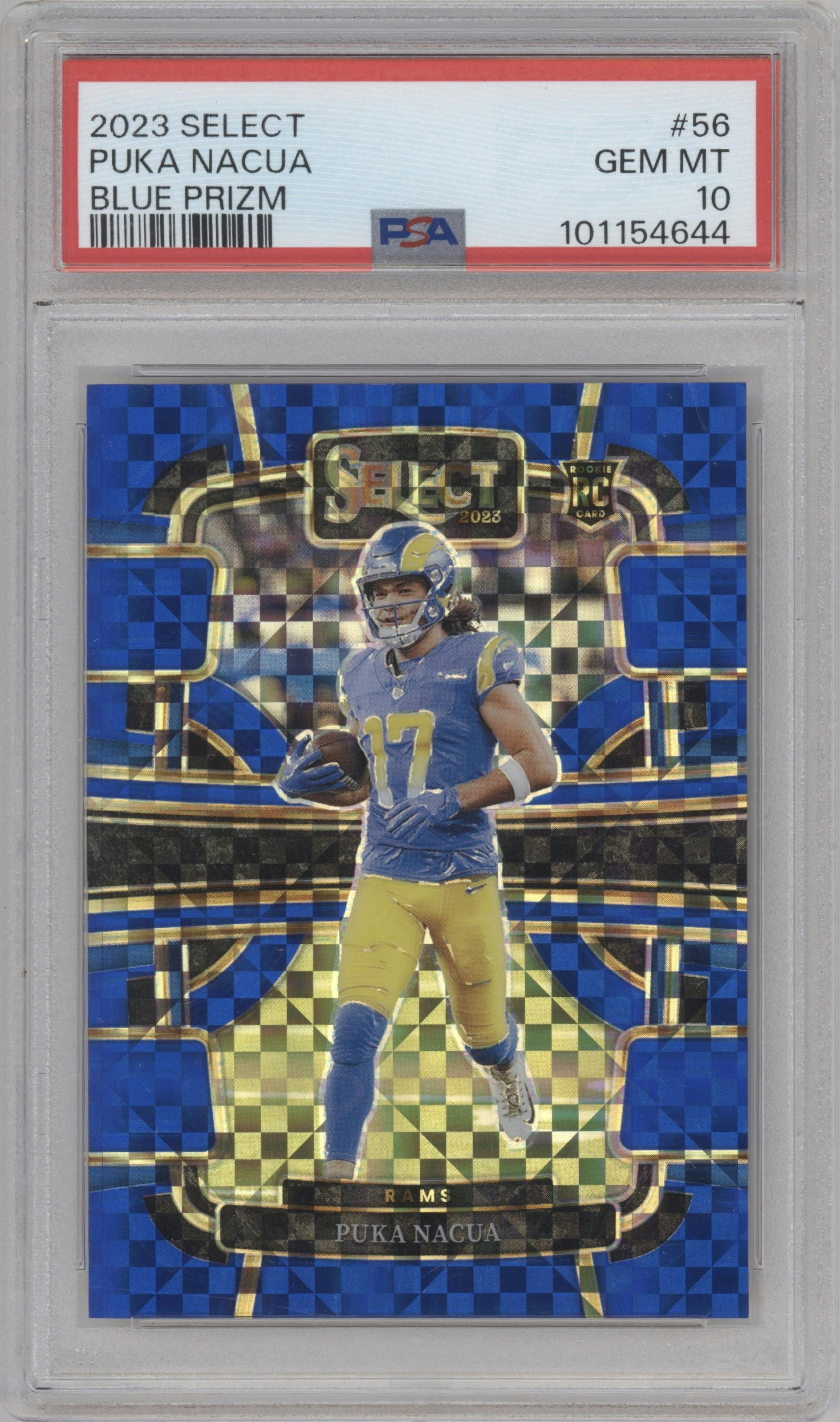 Puka Nacua from the 2023 Panini Select set featuring a  Blue Prizm parallel graded by PSA and given an overall grade of 10.