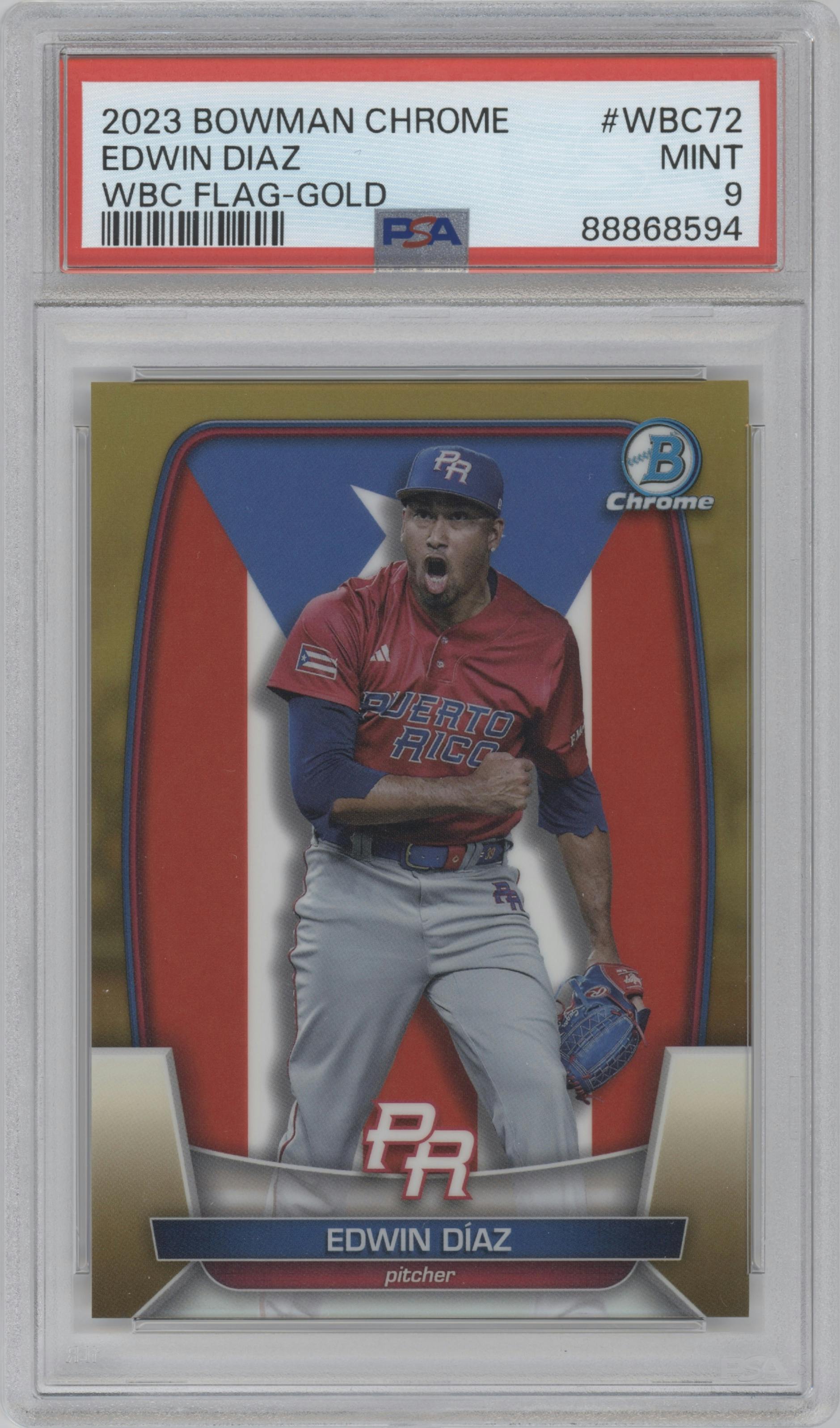Edwin Diaz from the 2023 Bowman Chrome set featuring a Gold Refractor parallel graded by PSA and given an overall grade of 9.