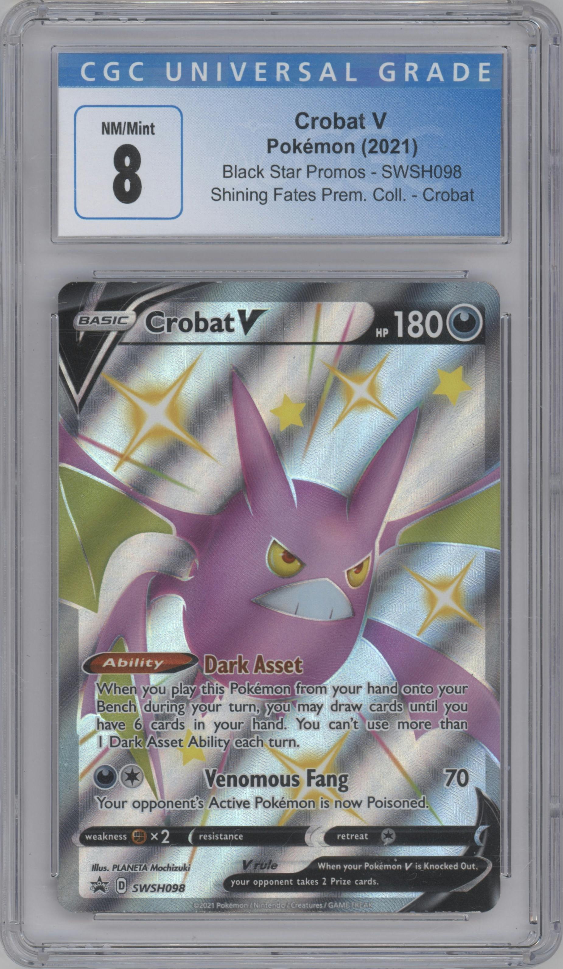 Crobat V from the 2021 Pokemon SWSH set featuring a Shining Fates Premium Collection Box parallel graded by CSG and given an overall grade of 8.