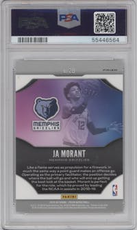 Ja Morant from the 2019-20 Panini Prizm set featuring a Fast Break Prizm parallel graded by PSA and given an overall grade of 10.