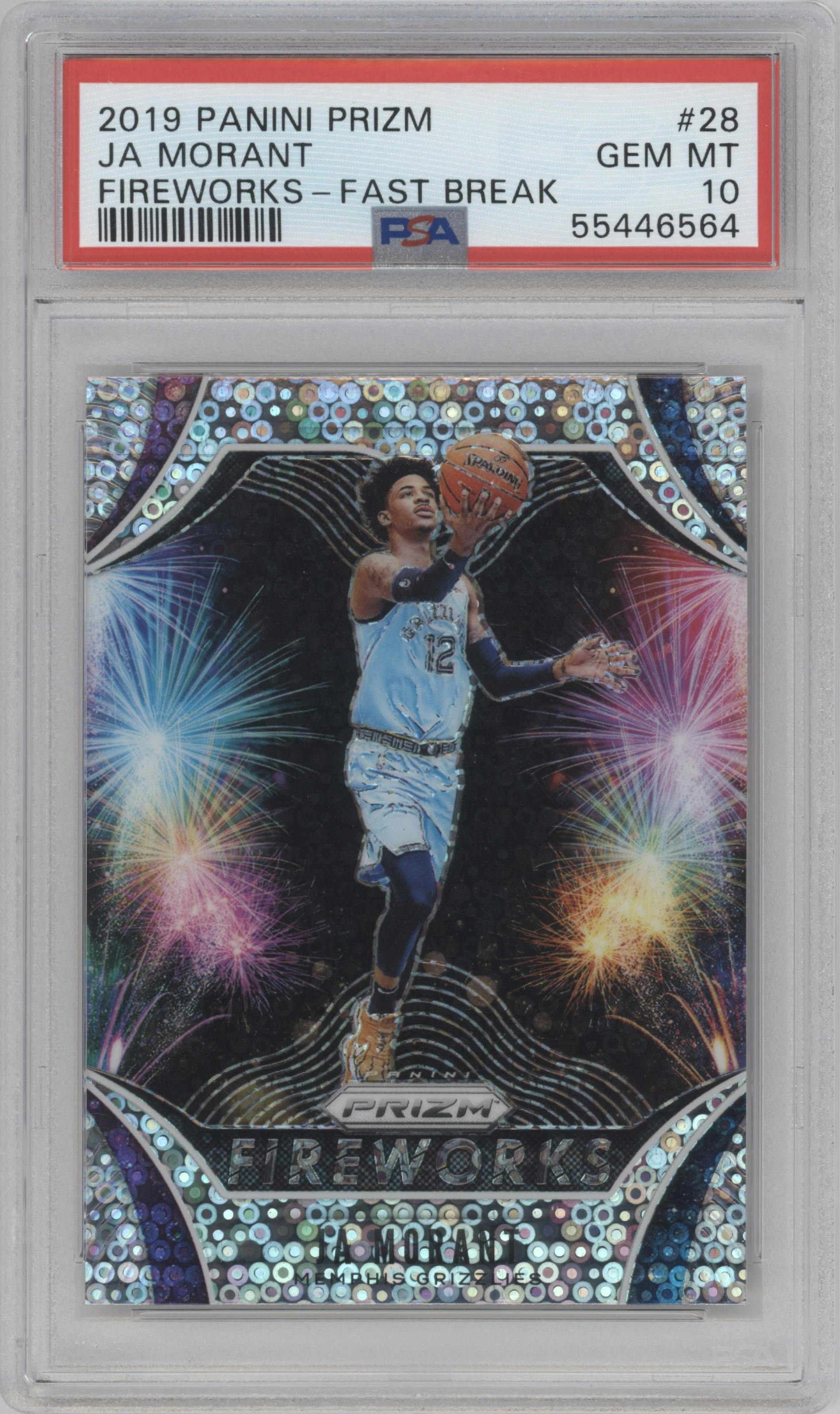 Ja Morant from the 2019-20 Panini Prizm set featuring a Fast Break Prizm parallel graded by PSA and given an overall grade of 10.