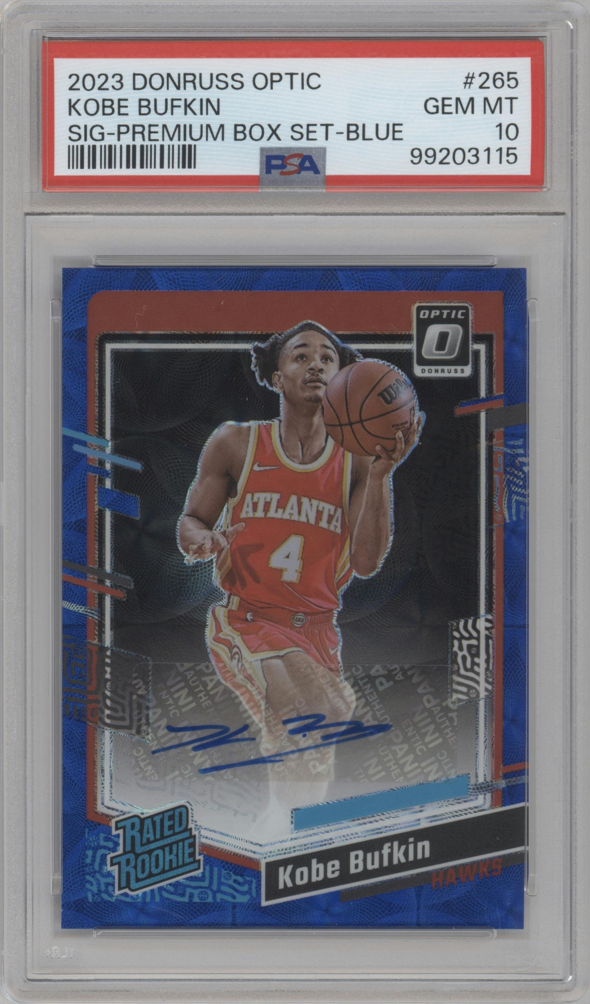 Kobe Bufkin from the 2023-24 Donruss Optic set featuring a Premium Box Set Blue parallel graded by PSA and given an overall grade of 10.