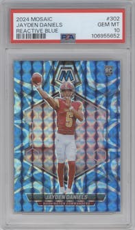 Jayden Daniels from the 2024 Panini Mosaic set featuring a Reactive Blue parallel graded by PSA and given an overall grade of 10.