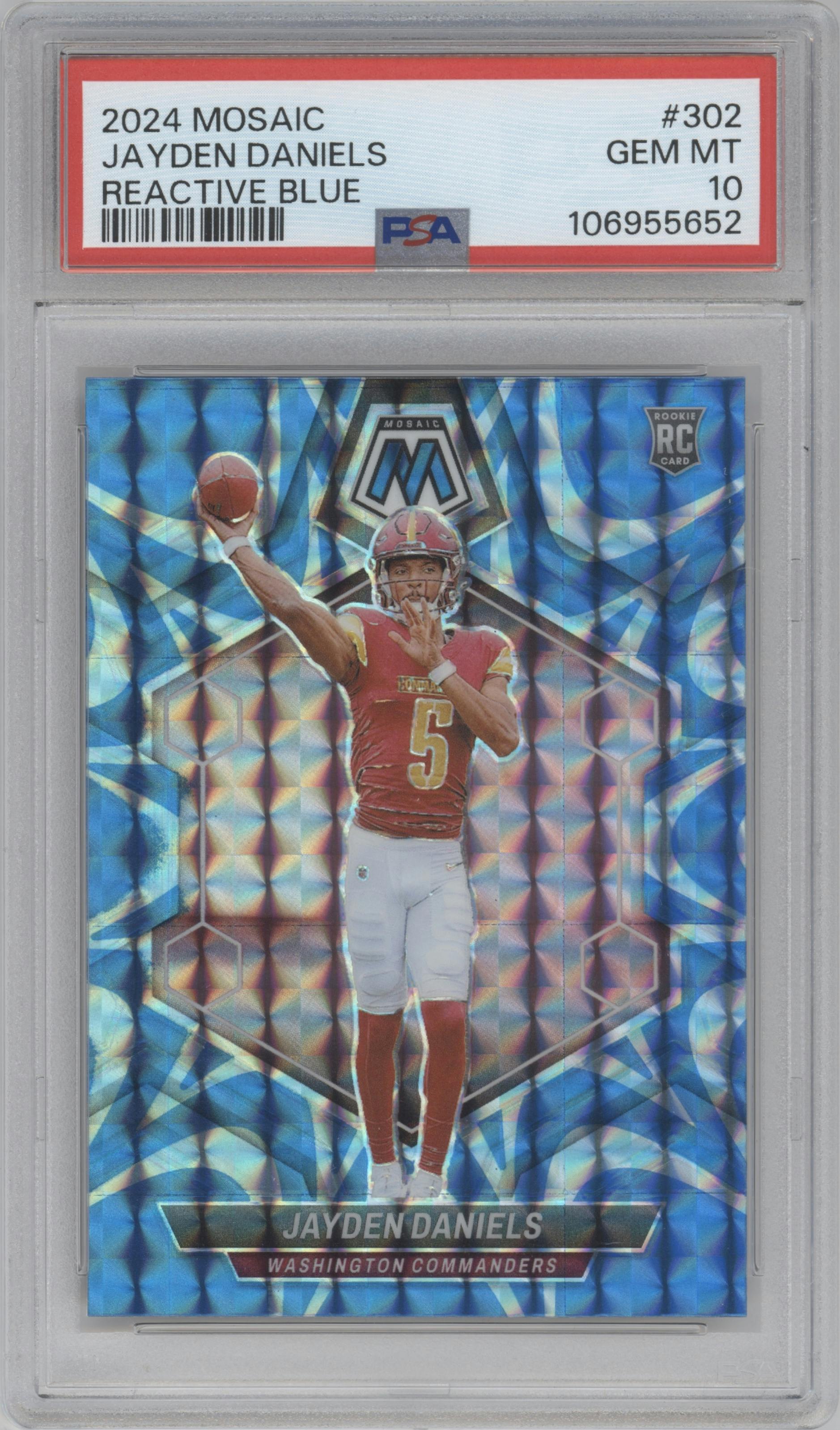 Jayden Daniels from the 2024 Panini Mosaic set featuring a Reactive Blue parallel graded by PSA and given an overall grade of 10.