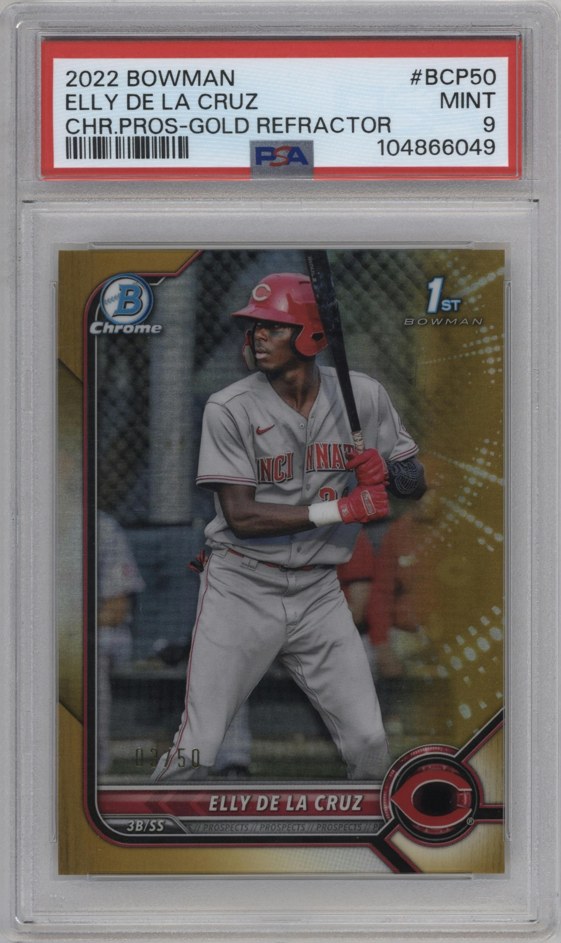 Elly De La Cruz from the 2022 Bowman set featuring a Gold Refractor parallel graded by PSA and given an overall grade of 9.