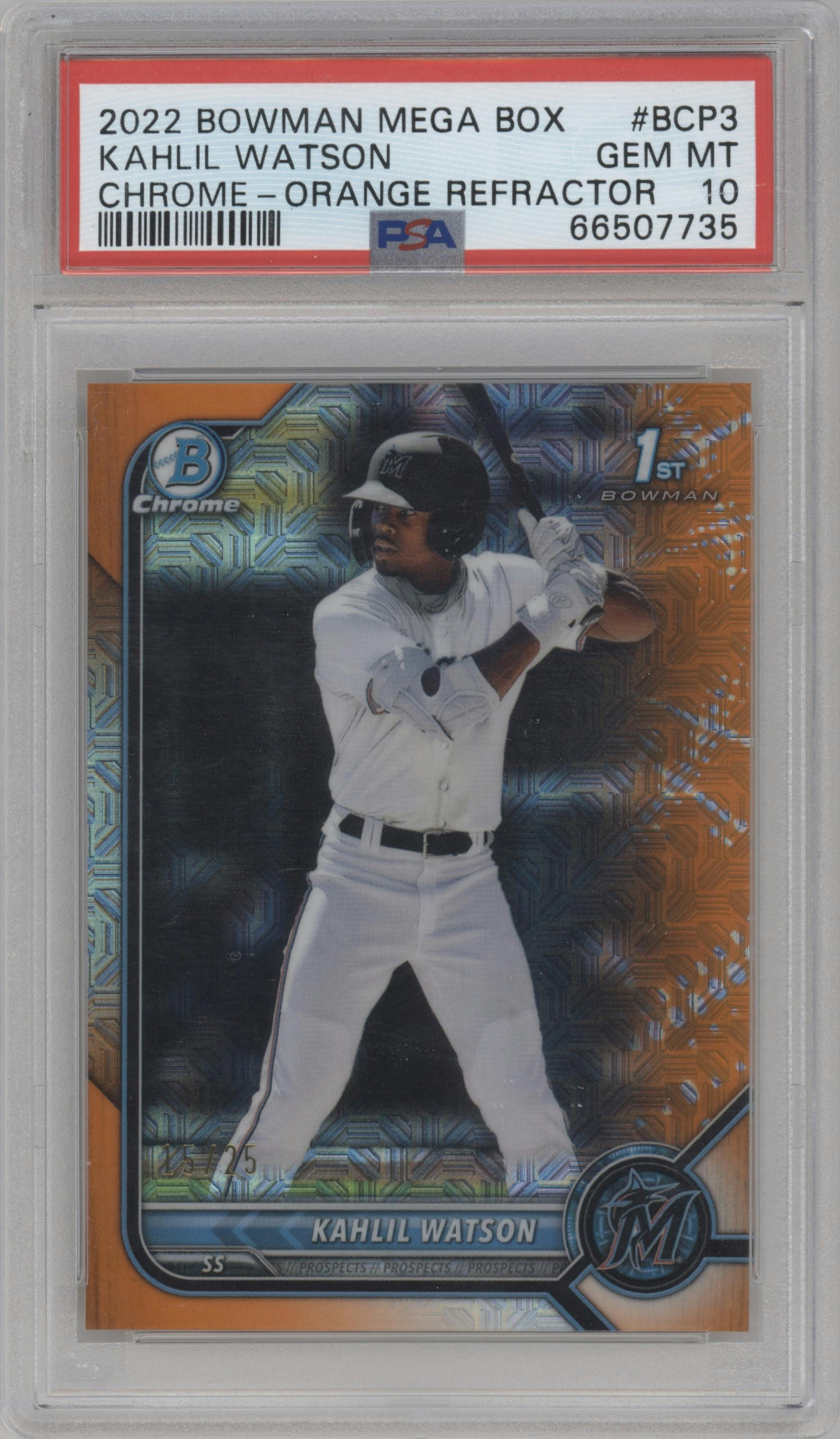 Kahlil Watson from the 2022 Bowman Mega Box set featuring a Orange Refractor  parallel graded by PSA and given an overall grade of 10.