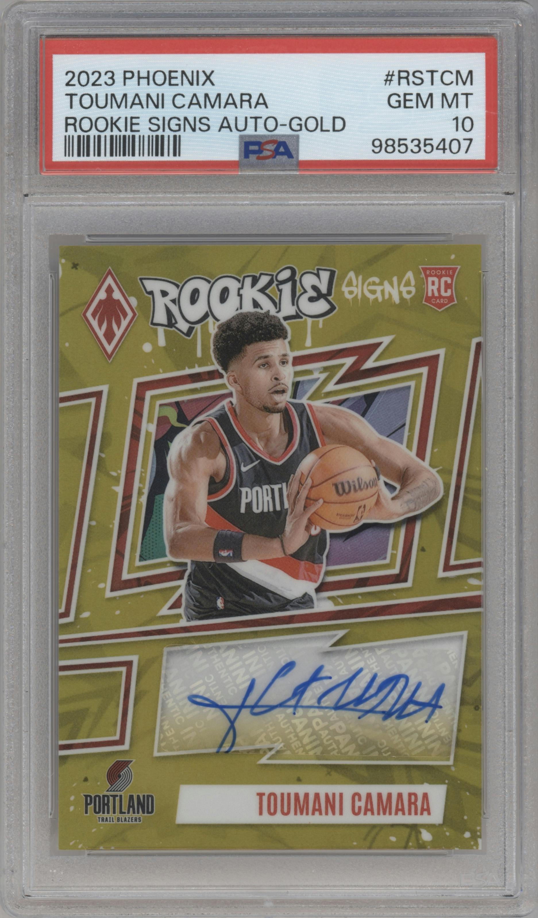 Toumani Camara from the 2023-24 Panini Phoenix set featuring a Gold parallel graded by PSA and given an overall grade of 10.
