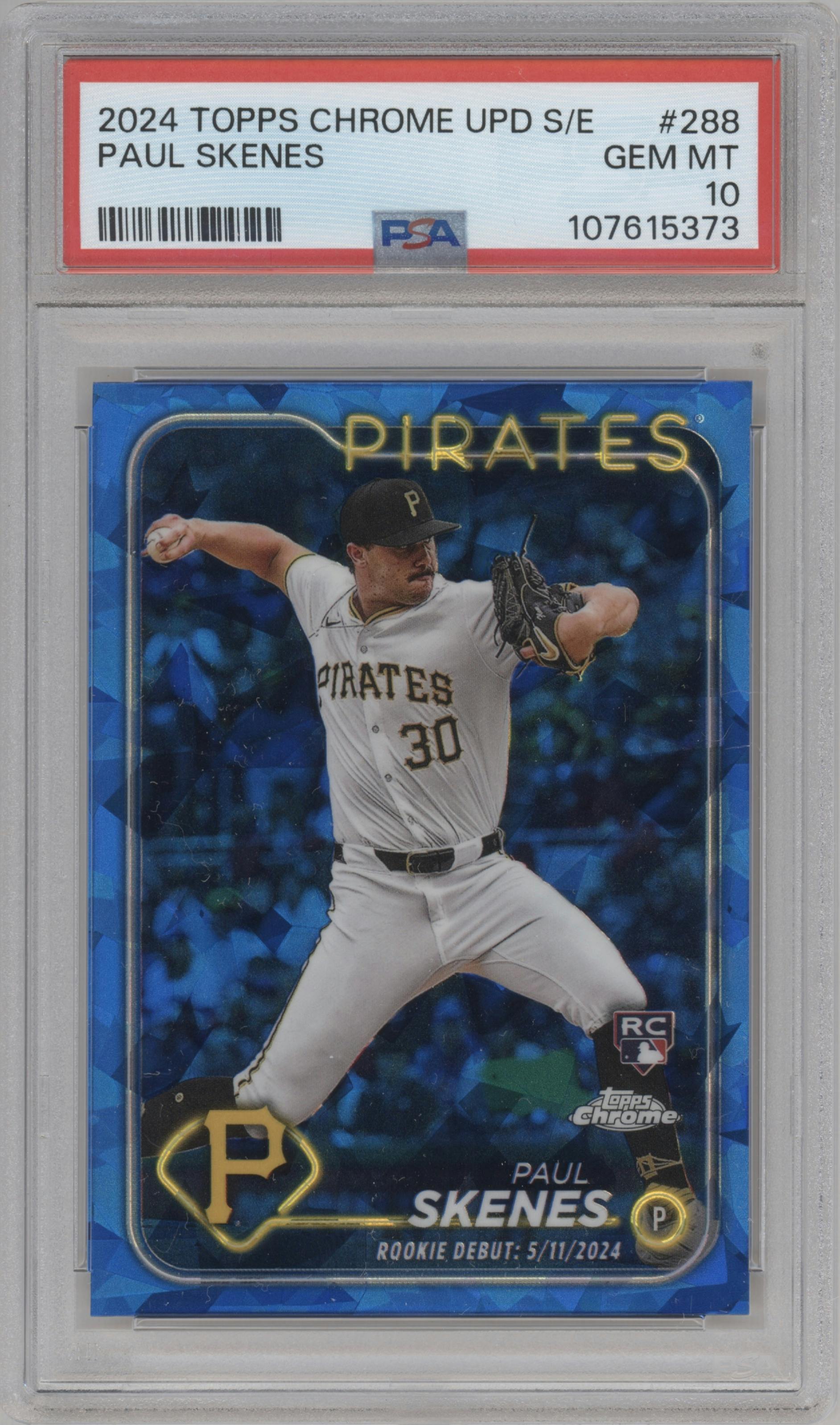 Paul Skenes from the 2024 Topps Chrome Update Sapphire Edition set graded by PSA and given an overall grade of 10.