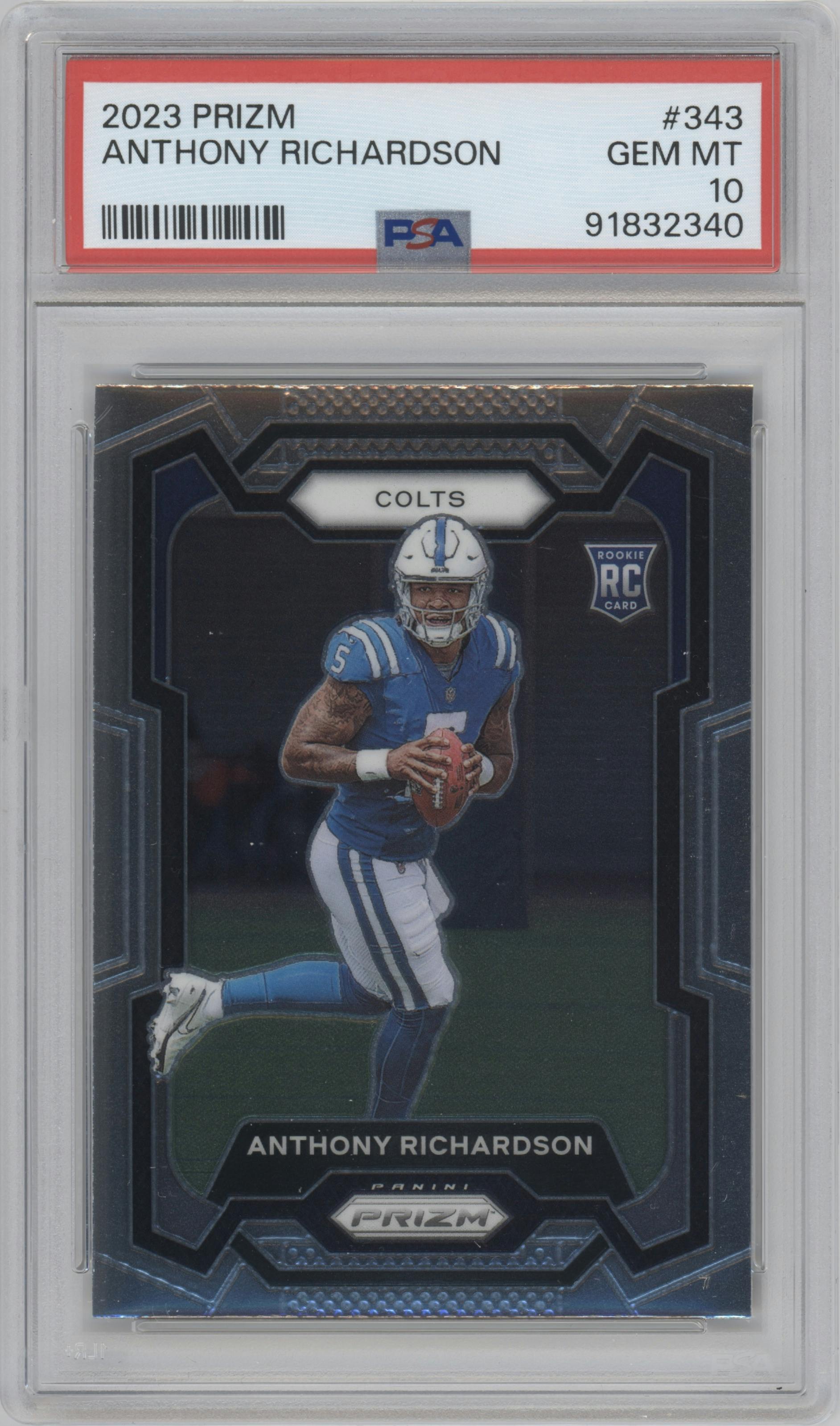 Anthony Richardson from the 2023 Panini Prizm set graded by PSA and given an overall grade of 10.