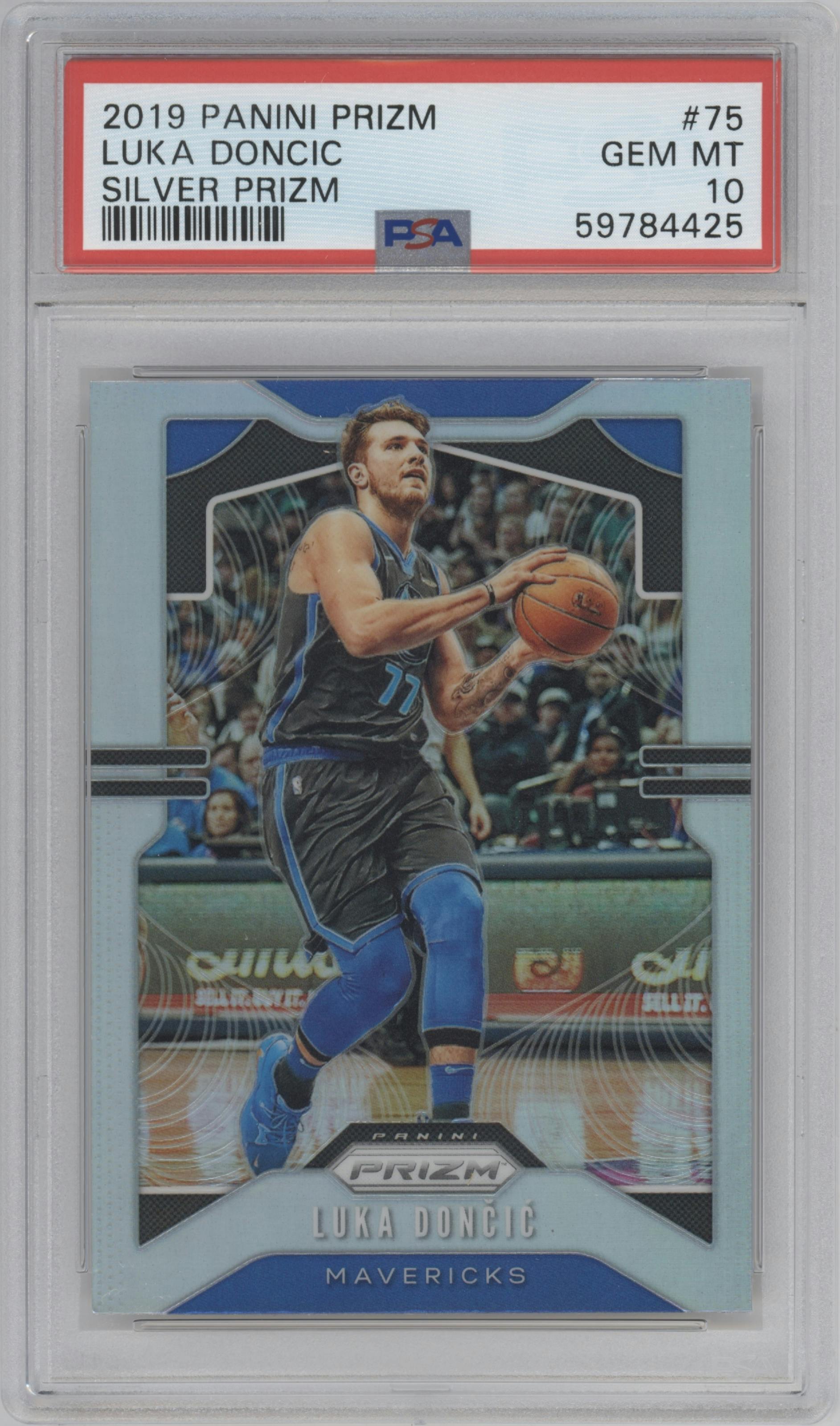 Luka Doncic from the 2019-20 Panini Prizm set featuring a Silver Prizm parallel graded by PSA and given an overall grade of 10.