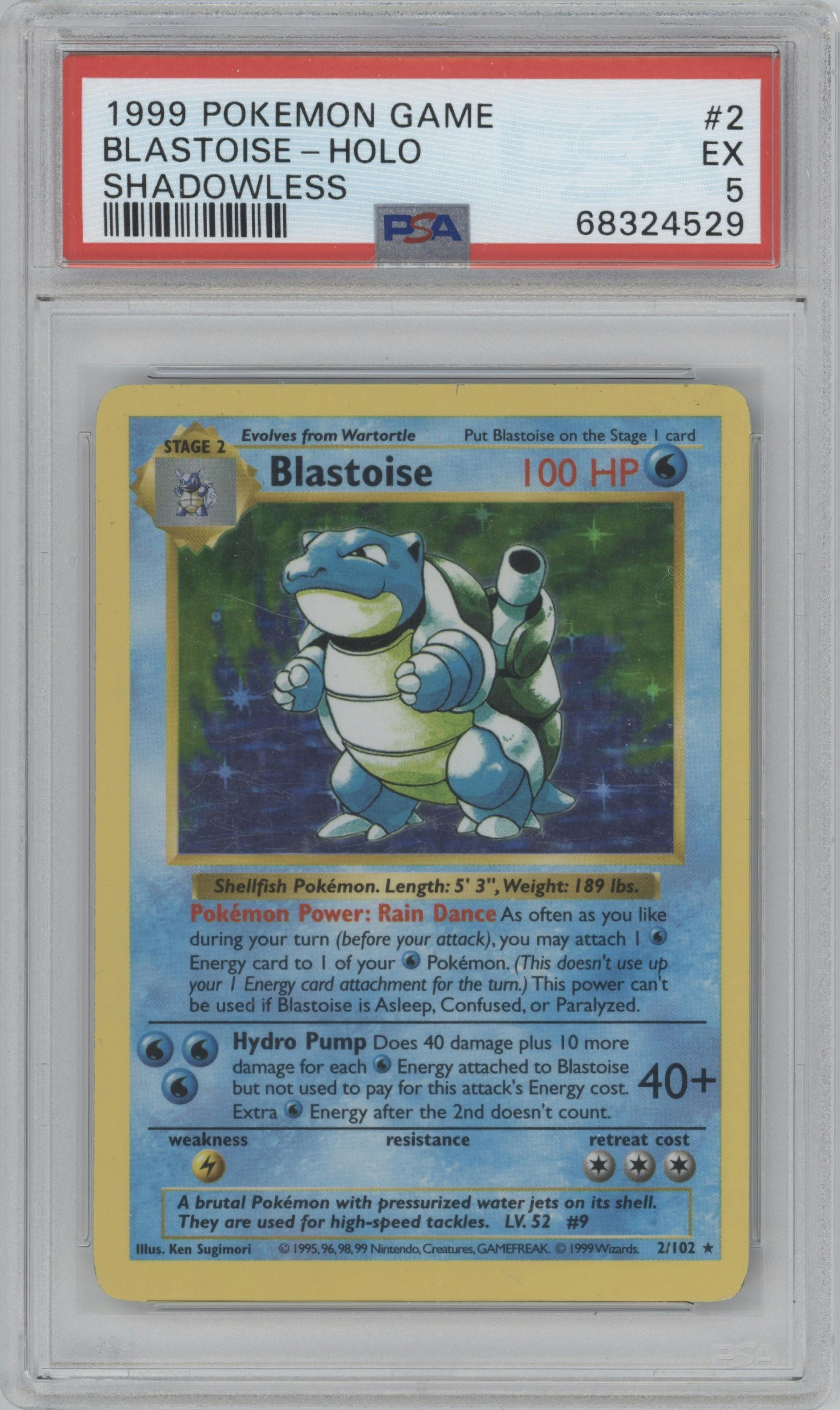 Blastoise from the 1999 Pokemon set graded by PSA and given an overall grade of 5.